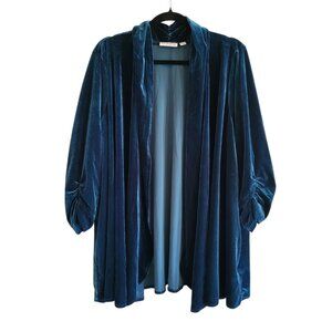 Susan Graver Velvet Cardigan Women's 3X Green Open Front Stretchy Rusched Sleeve